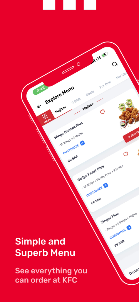 KFC Saudi Arabia - Screenshot del menu dell'app KFC Arabia Saudita che visualizza varie opzioni di pasti a base di pollo come Wings Bucket Plus e Strips Feast Plus