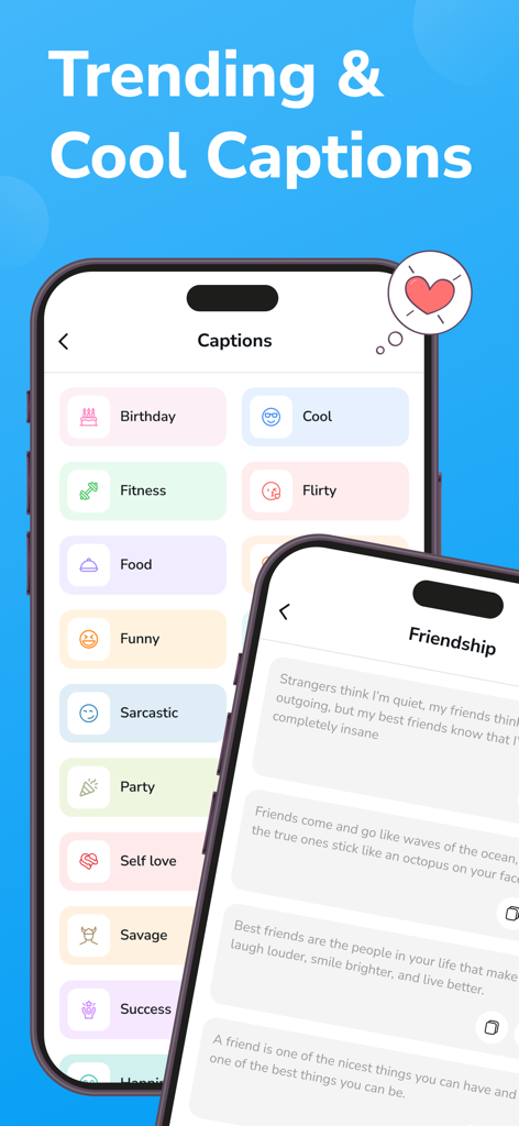 Tele Web Tools for Messenger - Mobile app screen displaying various trending caption categories and friendship quotes for social messaging