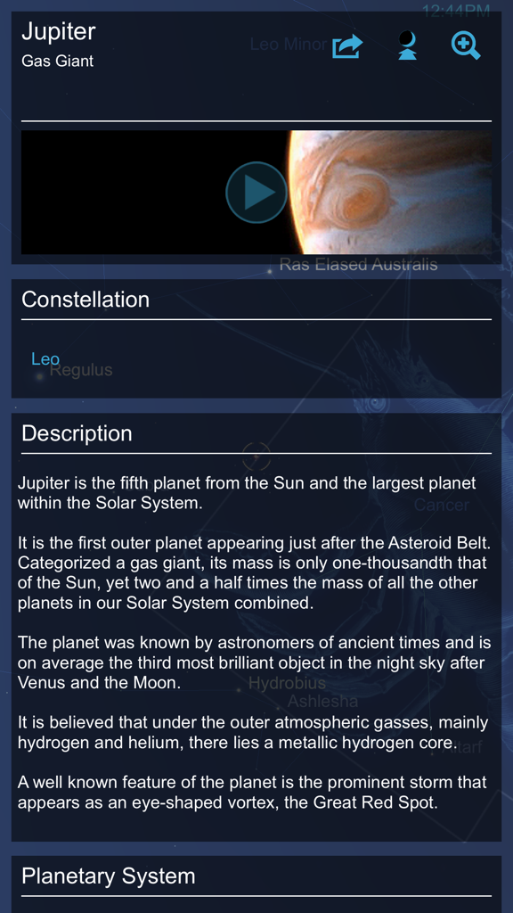 Educational screen in the Star Chart app providing detailed facts and a visual of the planet Jupiter