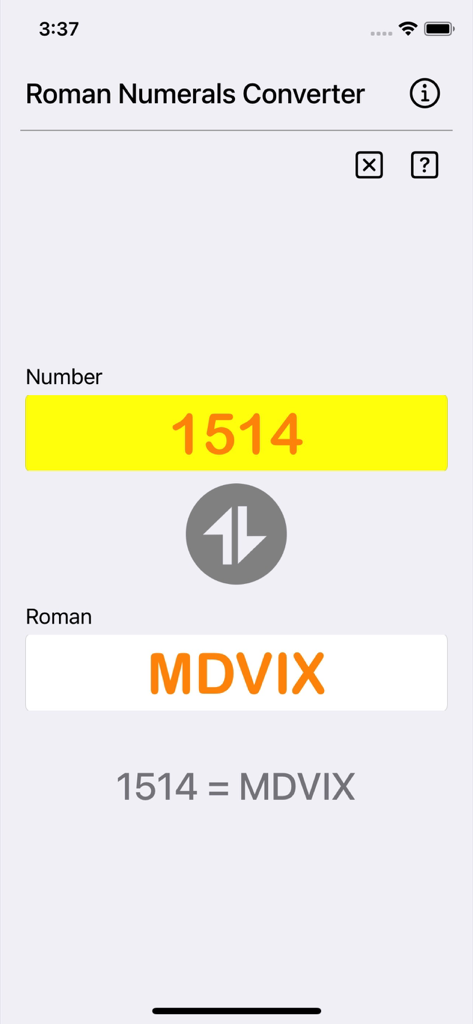 Roman Numerals Converter Plus app interface showing the conversion of the number 1514 into Roman numerals MDVIX