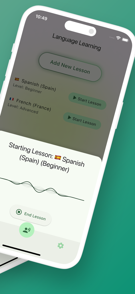 Fluent-App-Oberfläche, die Spanisch- und Französisch-Lektionen mit startender Sprachunterhaltung anzeigt