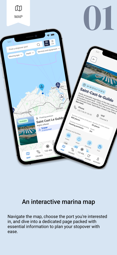 Interfaz de la aplicación Passeport Escales mostrando un mapa interactivo de puertos e información detallada de la marina.