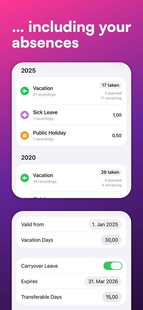 WorkTimes App-Oberfläche zur Verfolgung von Fehlzeiten, einschließlich Urlaub und Krankheitstagen