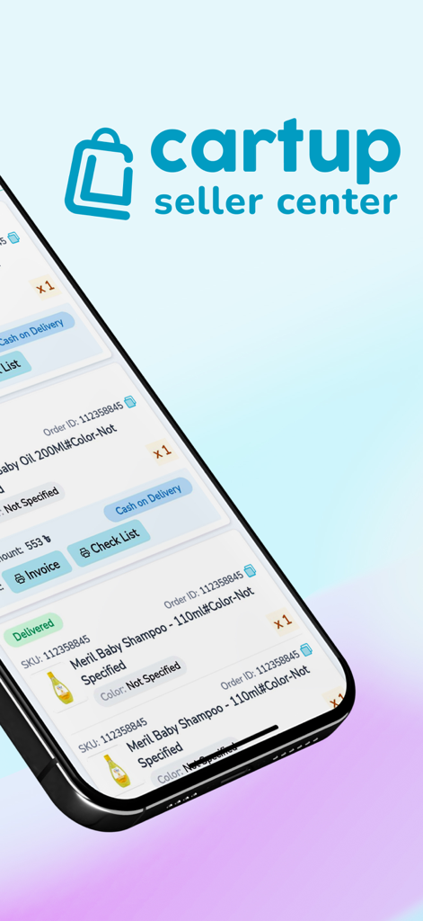 Cartup Seller Center - Smartphone displaying the Cartup Seller Center app dashboard with e-commerce order details
