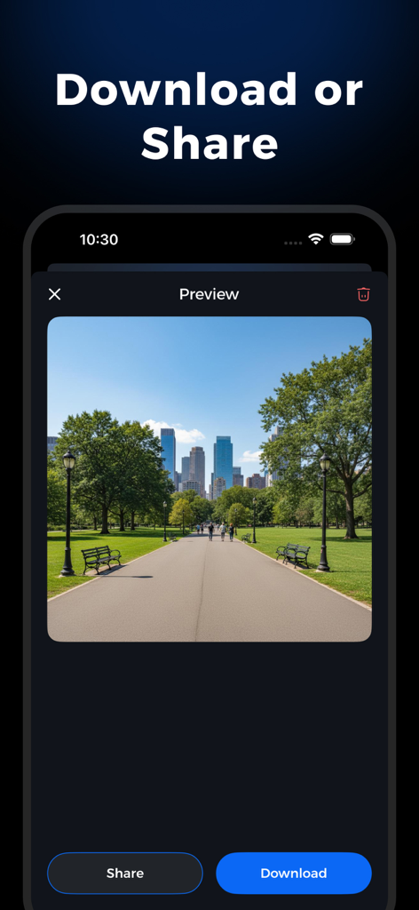 AI Background Generator - BGFX - Tela de visualização do aplicativo BGFX com opções para compartilhar ou baixar um fundo de parque gerado