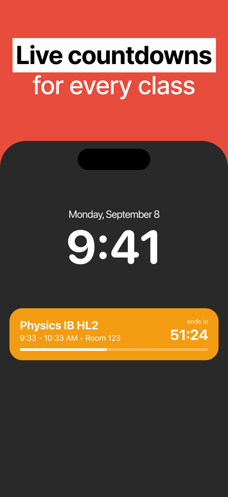 iPhone lock screen showing a live class countdown widget for a physics class