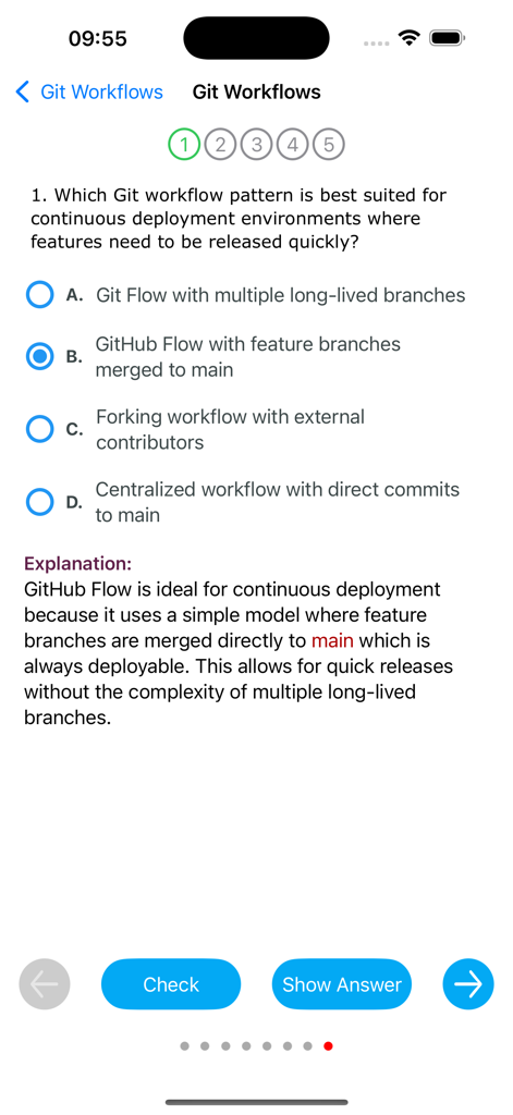 An interactive quiz screen in the Learn Git Step by Step app showing a multiple choice question about Git workflows and a detailed explanation