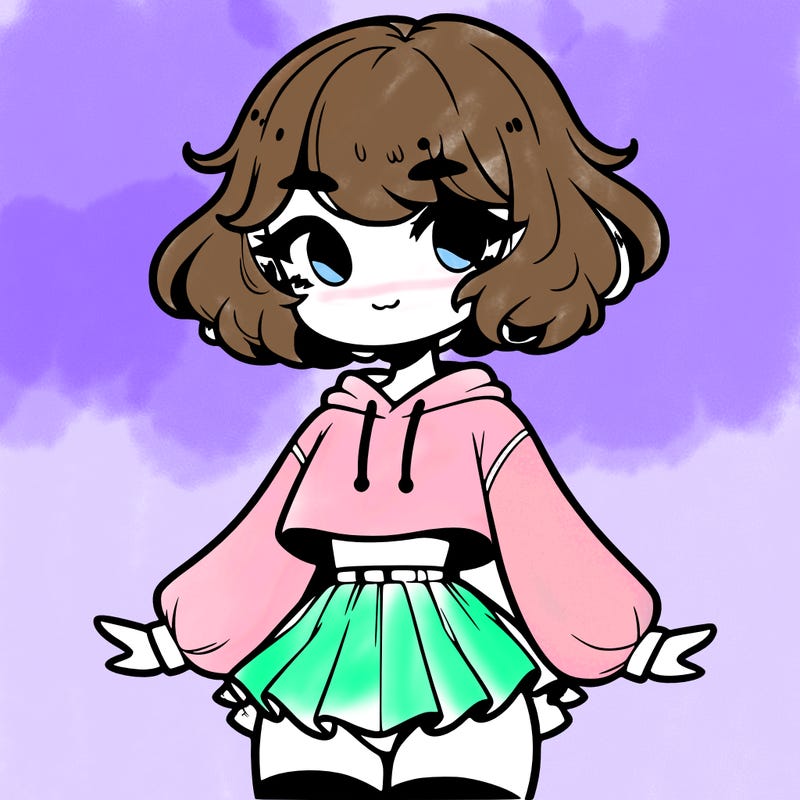 cute femboy with short, fluffy hair that softly frames their face, wearing a cropped hoodie, paired with a flouncy short skirt, and thigh-high stockings