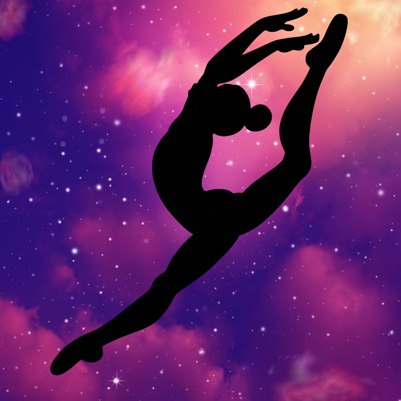 gymnast doing a leap in a leotard with a bent back leg