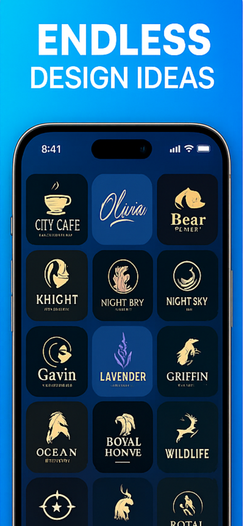Logo Maker: AI Design Lab - A smartphone screen displaying a grid of various AI-generated logo design samples for different business types.