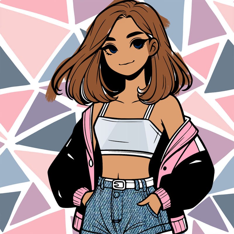 a realistic girl with a crop top and short shorts in an open jacket