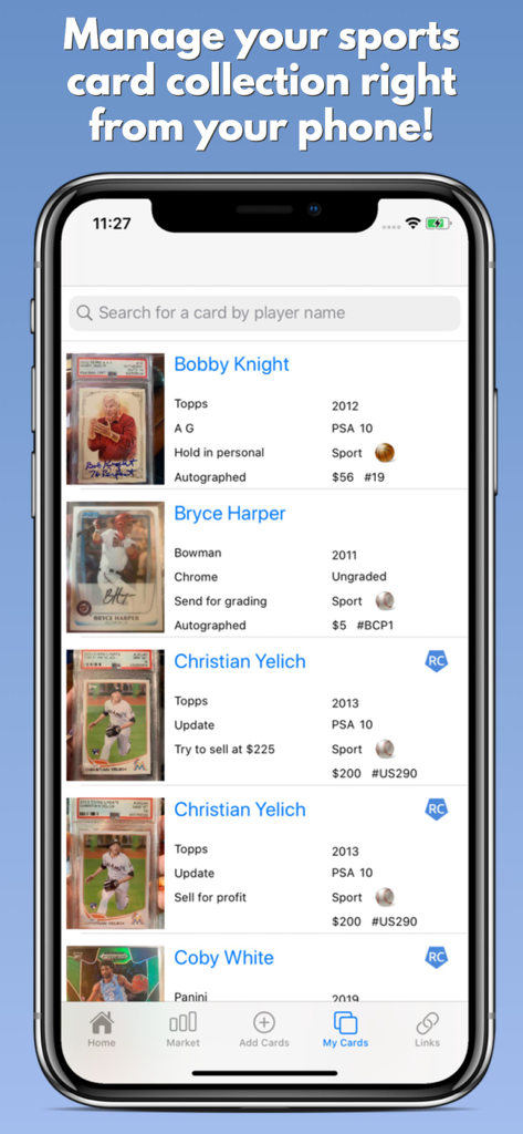 CardGenie - Sports Cards - Mobile app interface of CardGenie showing a digital sports card collection with player names like Bobby Knight and Bryce Harper along with grading and pricing details.