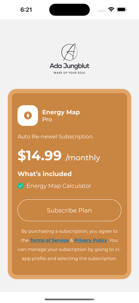 Adajungblut - Subscription screen for Energy Map Pro in the ChakraSoul app showing the monthly price and features