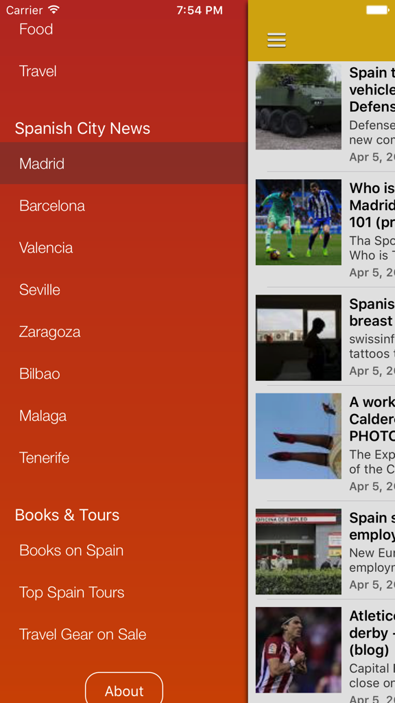 Menu de navigation de l'application Spain News affichant diverses catégories de villes espagnoles et le flux de nouvelles.