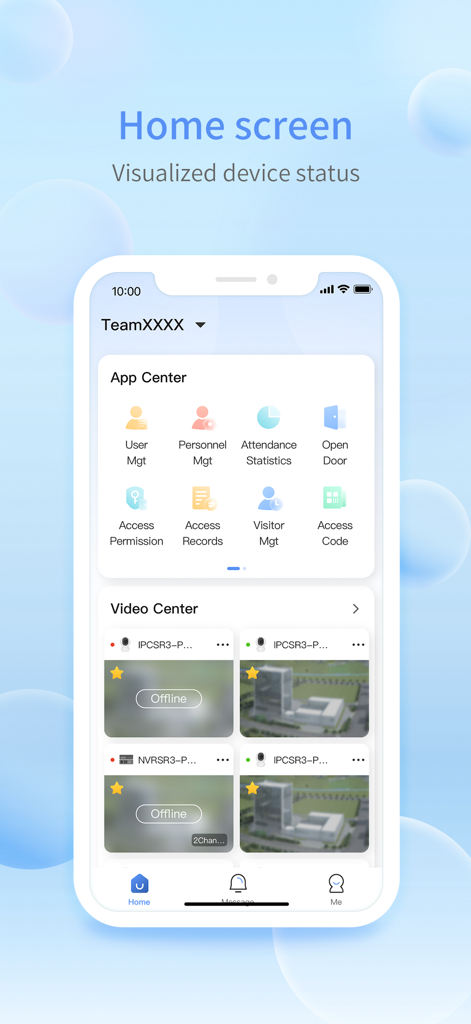 Startbildschirm der UNV Guard Connect App, der Verwaltungstools und Videoübertragungen von Überwachungskameras anzeigt.