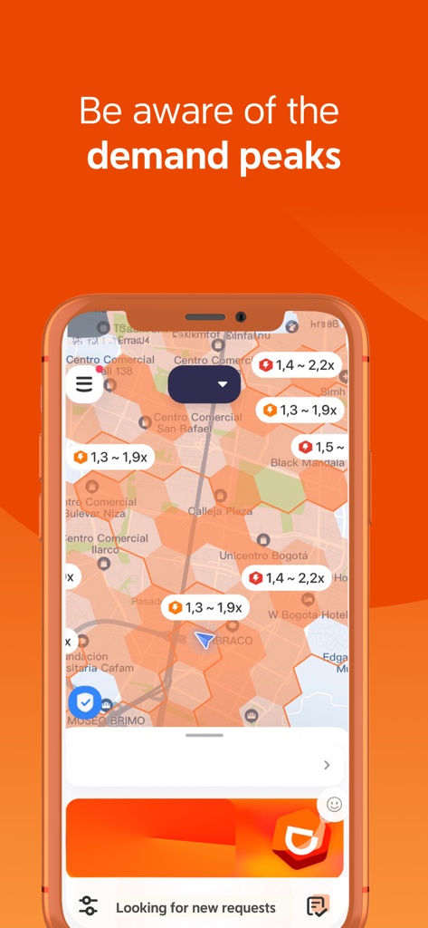 A DiDi Driver app screenshot showing a heat map with demand peaks and earning multipliers for drivers.
