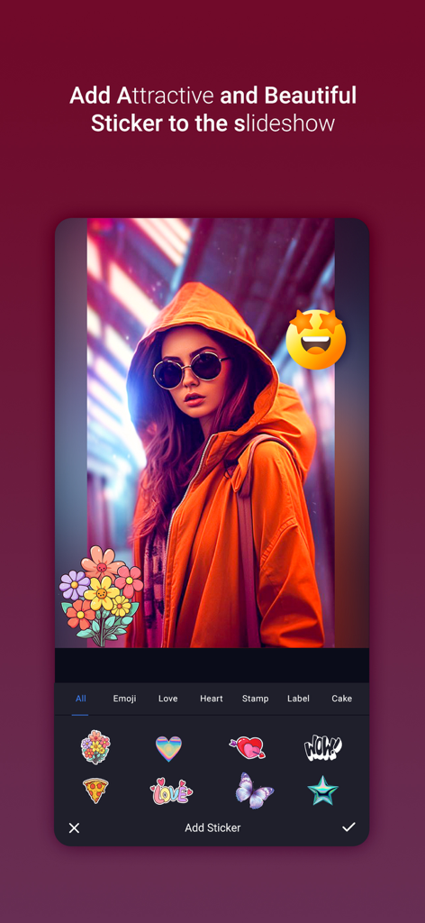 Slideshow Maker With Music ‣ - Añadiendo divertidos stickers y emojis a las fotos en la aplicación creadora de presentaciones