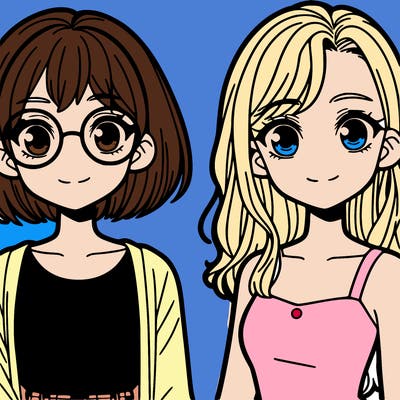 a girl with short hair and glasses and another girl with long hair