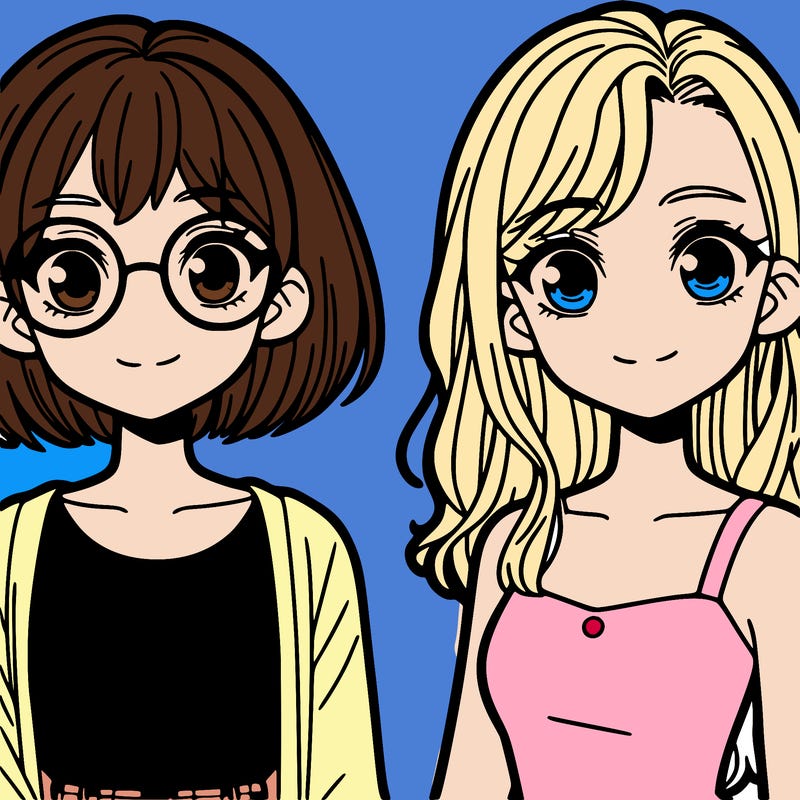 a girl with short hair and glasses and another girl with long hair