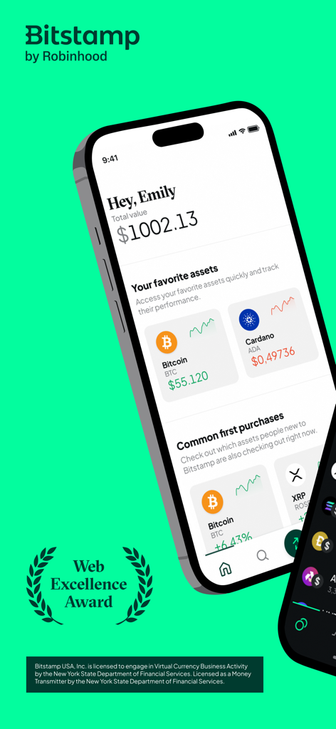Pantalla de la aplicación móvil que muestra el panel de Bitstamp por Robinhood con saldos de activos de criptomonedas y una insignia de Web Excellence Award.