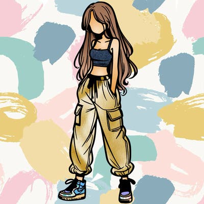 girl in baggy pants crop top and long hair