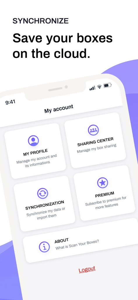 Scan Your Boxes - My account screen in Scan Your Boxes app showing synchronization and cloud storage options