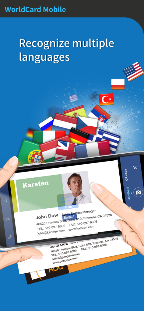 WorldCard Mobile app scanning a business card with international flags showing multi language support