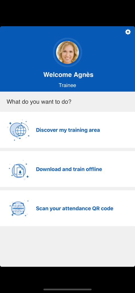 Cegid Talentsoft LMS App - Welcome screen of Cegid Talentsoft LMS app for a trainee showing learning options