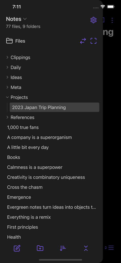 Obsidian mobile app sidebar displaying a file list with folders and notes in dark mode.