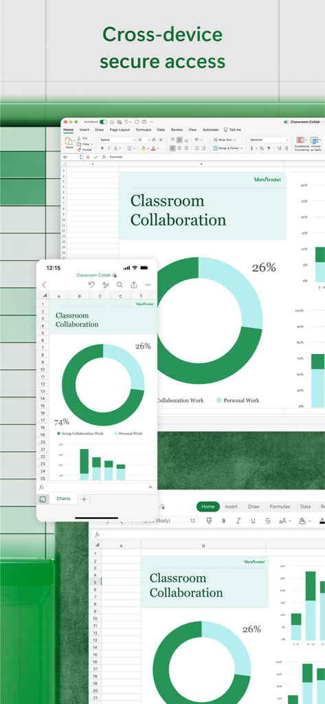 Microsoft Excel displaying a classroom collaboration chart synchronized across desktop and mobile devices
