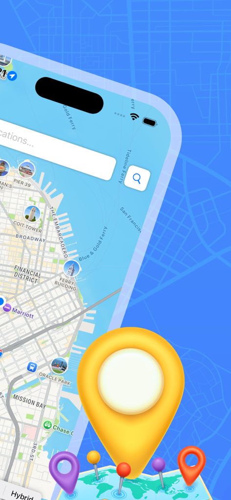 Interfaz de mapa urbano 3D con pines de ubicación para la exploración de la ciudad