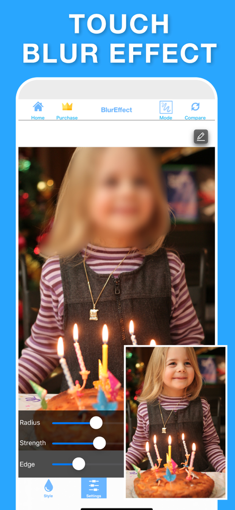 Blur Video & Photo BlurEffect - App interface demonstrating the touch blur effect on a child's photo for privacy