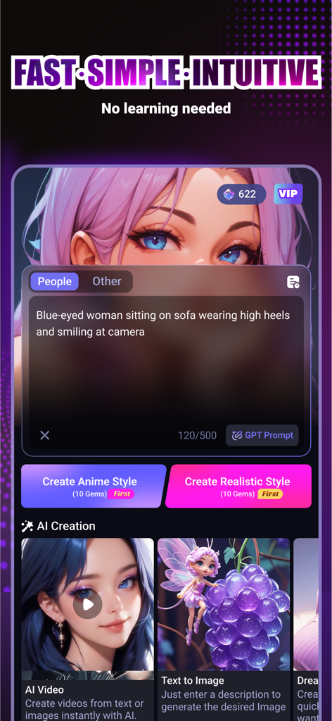 Magic AIアプリのインターフェース。テキストから画像へのプロンプトボックスと、アニメまたはリアルなスタイル用のボタンが表示されています。