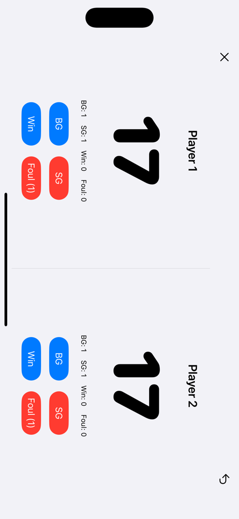 BiliScore Plus - Interfaz del marcador profesional de partidas de billar de BiliScore Plus para dos jugadores.