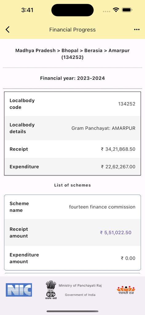 e-GramSwaraj - Screen from the e-GramSwaraj app displaying financial progress and expenditure details for a village in India.