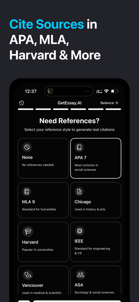 Essay Writer: GetEssay AI - Schermata dell'app GetEssay AI che mostra le opzioni di citazione per gli stili APA, MLA e Harvard