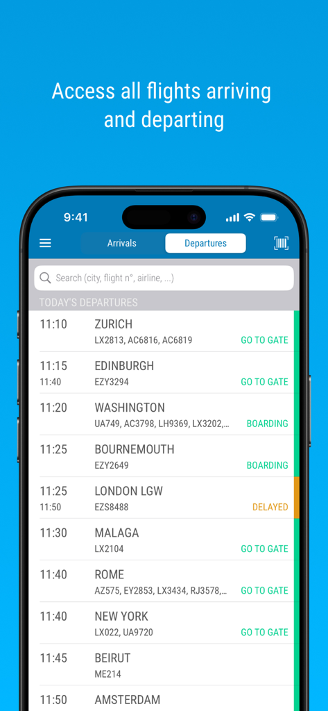 Genève Aéroport (GVA) - Geneva Airport app interface showing a list of flight departures with real time statuses like boarding and delayed