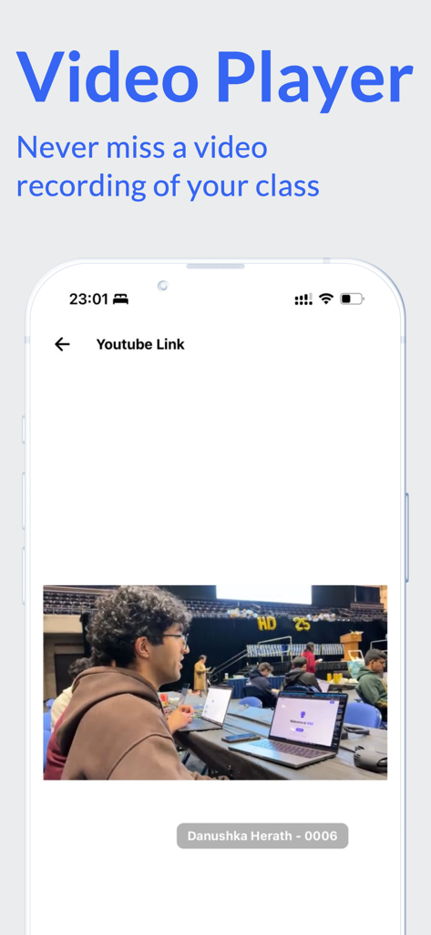 Klass Student App - Interfaz de la Klass Student App que muestra una función de reproductor de video con una sesión de clase grabada