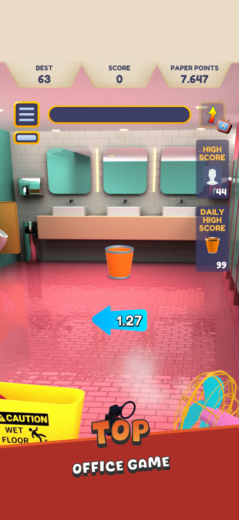 Paper Toss + - Jugabilidad de Paper Toss Plus mostrando un desafío de lanzamiento de papel en un baño con indicadores de velocidad del viento y un ventilador.