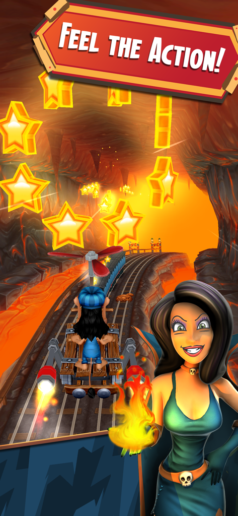 Hugo riding a trolley on a rail track through a lava mine collecting stars with Scylla in the foreground