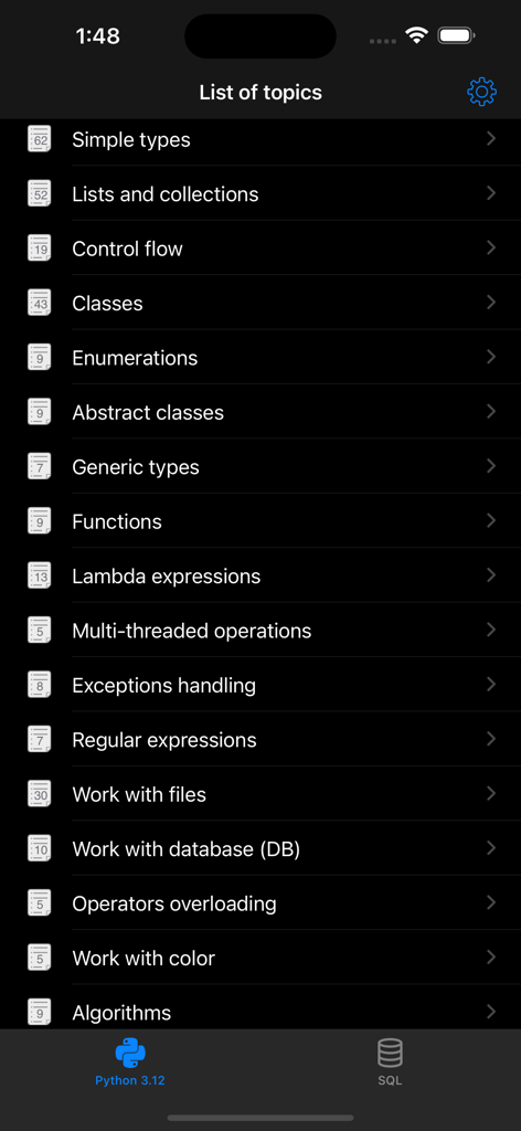 Python & SQL - A list of Python programming topics within the Python and SQL app interface