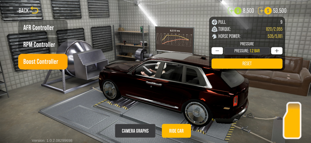 A luxury SUV undergoing a dyno test and performance tuning in a garage setting within Car Parking Multiplayer 2.