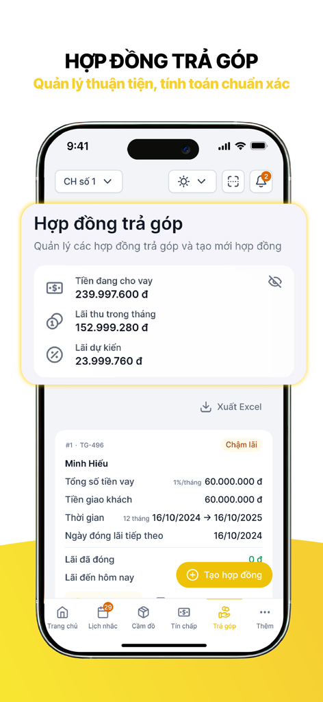 LendMe - Panel de la aplicación móvil LendMe para la gestión de contratos a plazos y el cálculo de intereses de préstamos para casas de empeño.