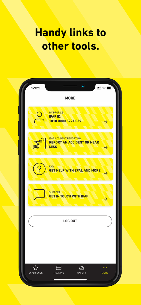 IPAF ePAL - IPAF ePAL app menu showing links to profile, accident reporting, FAQ, and support tools.