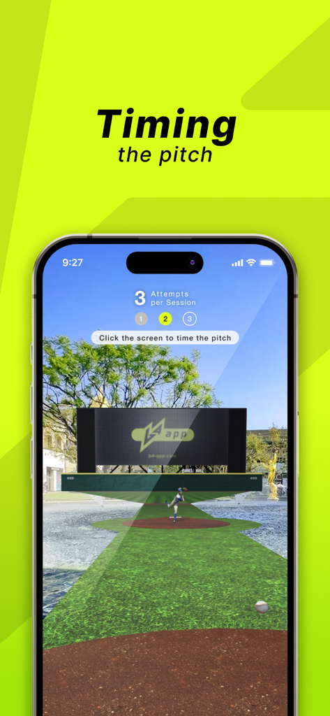 b4-app: AI Batting Partner - Mobile screen showing b4-app immersive pitch simulation for baseball timing training