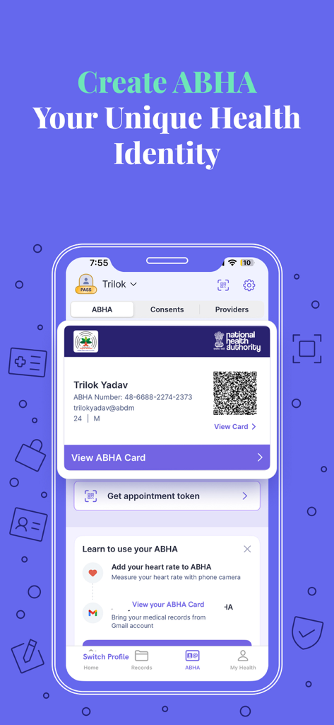 Eine mobile Benutzeroberfläche der Eka Care App, die eine digitale ABHA-Gesundheitsausweiskarte mit einem QR-Code und einer persönlichen Identifikationsnummer zeigt.