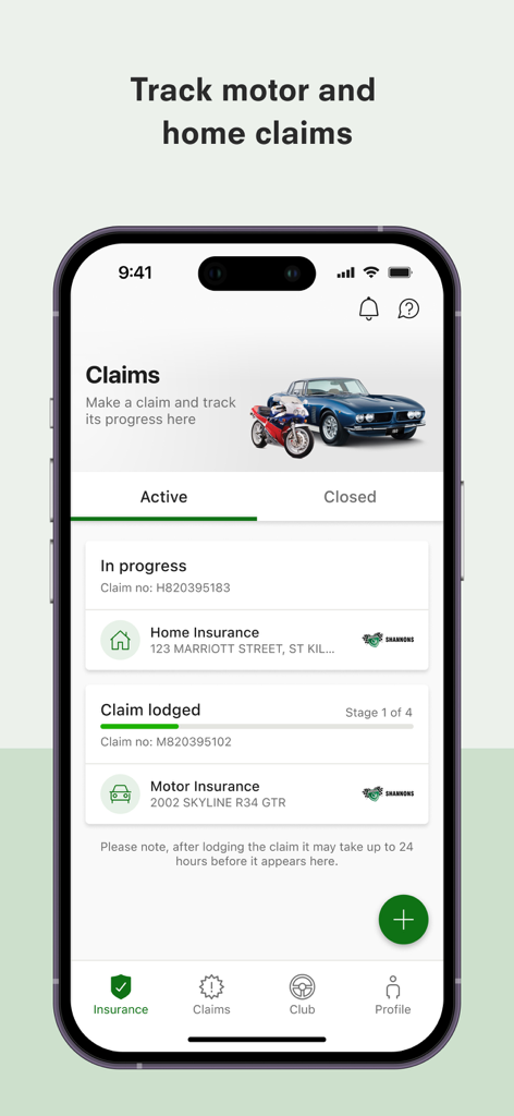 Shannons App - Shannons App mobile interface showing the status of active motor and home insurance claims