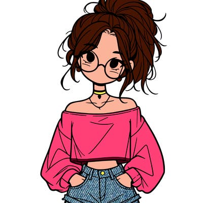 girl with a messy ponytail glasses a baggy crop top and jean shorts