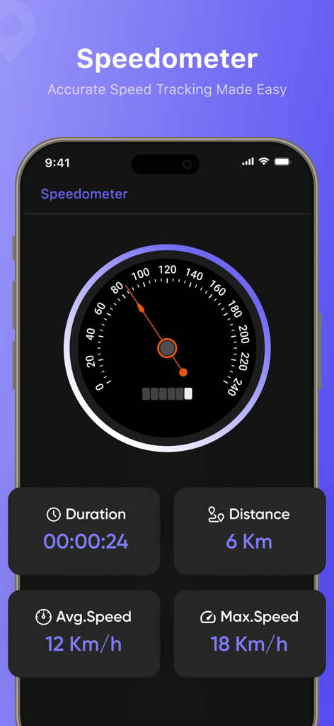 시간, 거리 및 평균 속도 측정 기준과 함께 실시간 속도 추적을 보여주는 디지털 속도계 인터페이스