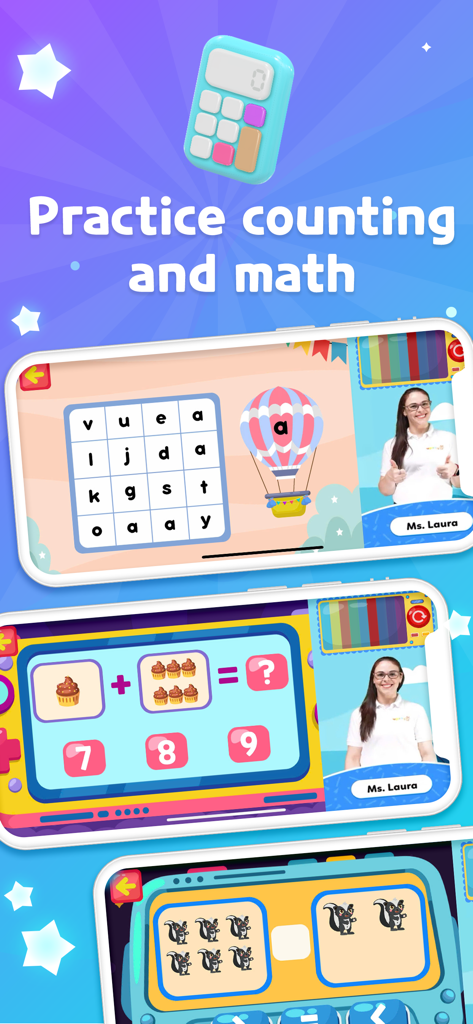 Interactive math and counting games for kids showing addition and letter recognition